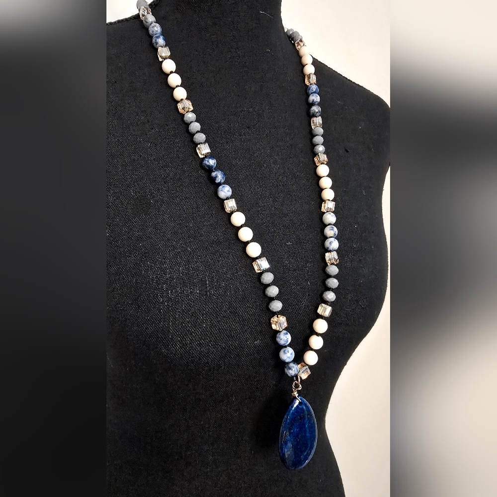 Long Beaded Statement Necklace Blue Stone Pendant Boho Chic Neutral Tones Lagen